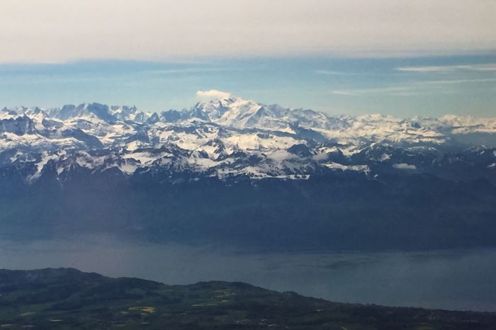 Flight over Lake Geneva with view on Mont Blanc