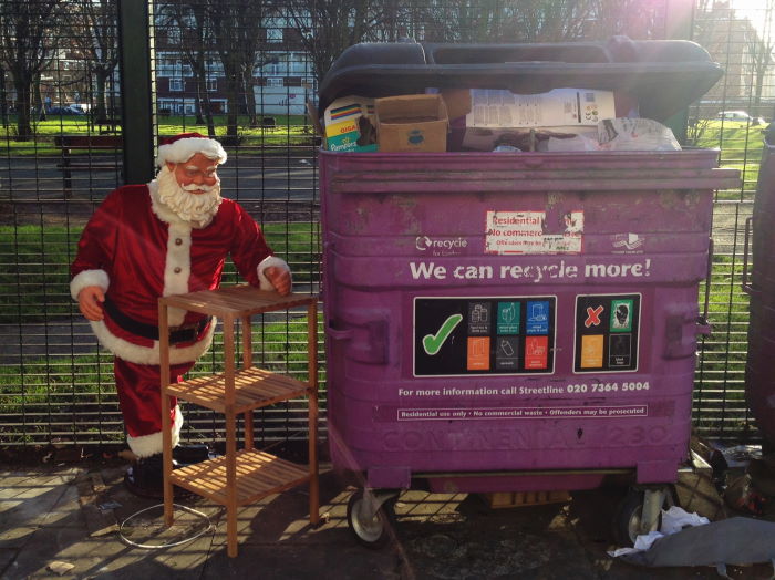 Father Christmas and garbage container Borough of Hackney