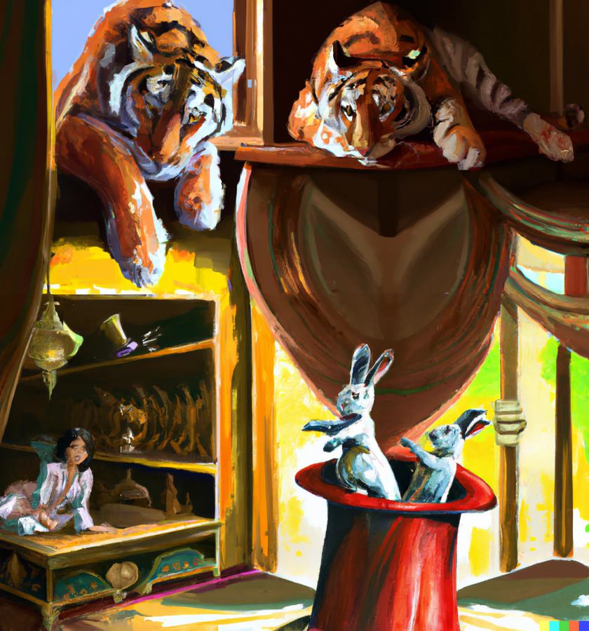 Tigers pulling rabbits out of a hat, AI Tiger Magazine illustration