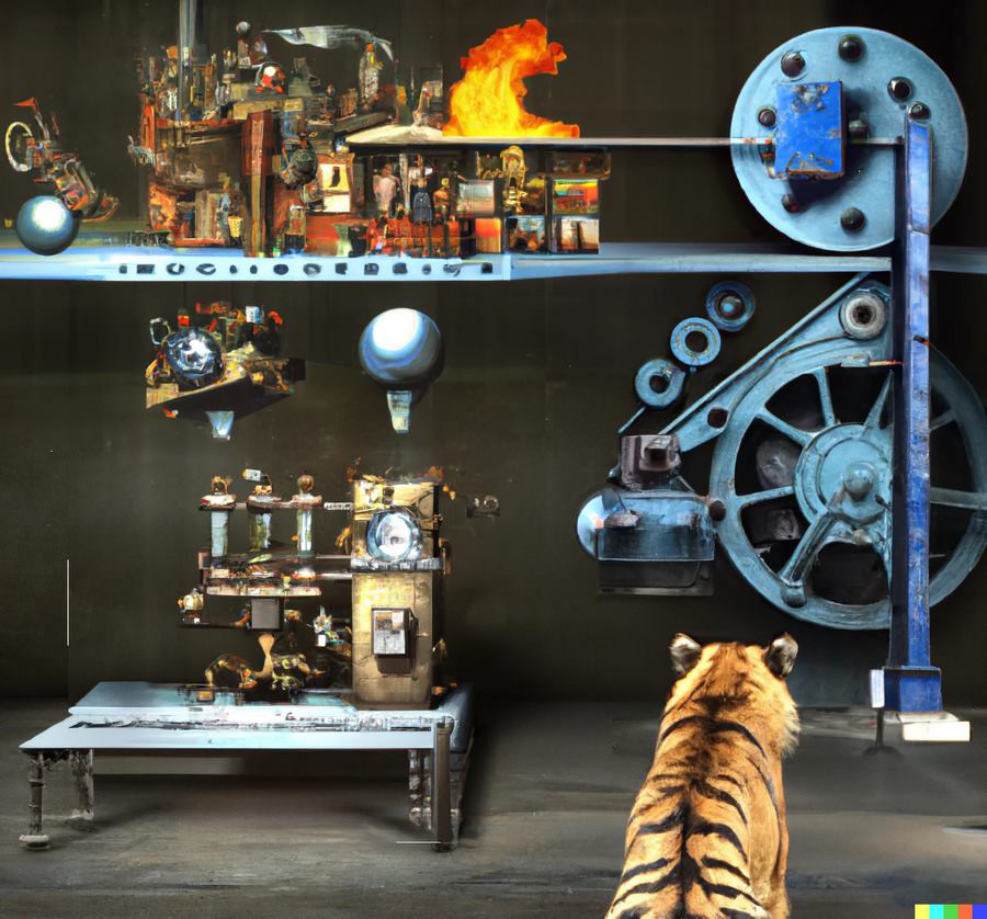 Tiger and a big machine, AI Tiger Magazine illustration